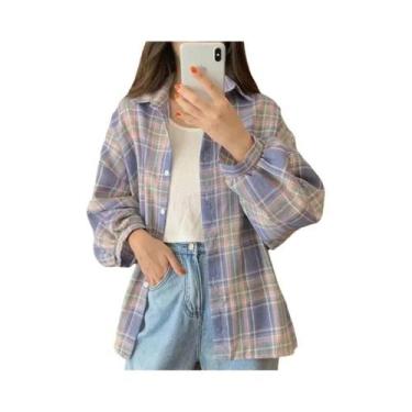 Imagem de Camisa Xadrez Vintage Feminina - Manga Comprida, Estilo Preppy, Blusa 