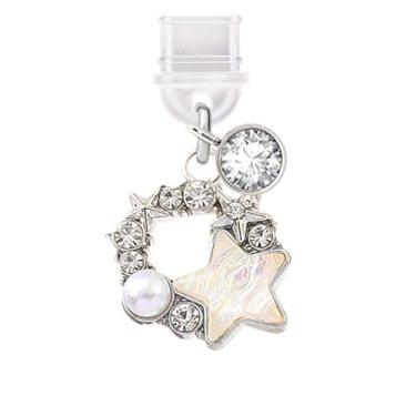 Imagem de ELISE & FONDA Porta de carregamento tipo C TP615, plugue antipoeira, guirlanda de cristal com estrelas, pingente de celular para iPhone 15/16/Samsung/OnePlus/Xiaomi/oppo telefones Android (branco)