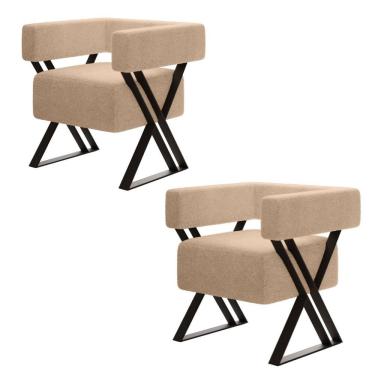 Imagem de Kit 2 Poltrona Decorativa Mirela Pés Metal Estilo Industrial Bouclé Bege