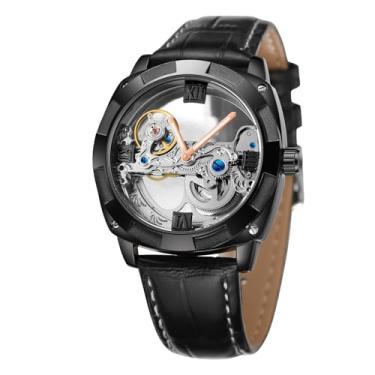 Imagem de FORSINING Relógio masculino casual com esqueleto mecânico automático, mostrador analógico, pulseira de couro, Preto, Clássico