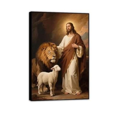 Imagem de Arte de parede em tela de Jesus Cristo O Leão de Judá impressões de pintura cristã decoração de parede decoração de sala religiosa para sala de oração da igreja 80 x 50 cm (31 x 20 pol) moldura preta