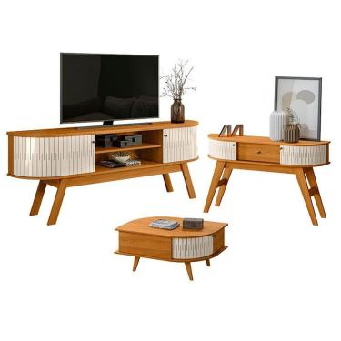 Imagem de Rack Bancada Valência E Aparador Estoril Com Mesa De Centro Indianápolis Cinamomo Off White - Madetec