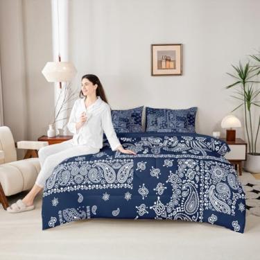 Imagem de Conjunto de cama solteiro com estampa floral jacquard paisley, 7 peças, estampa floral azul marinho e branco em uma bolsa com edredom, lençóis e fronhas, decoração de quarto de adolescentes e adultos