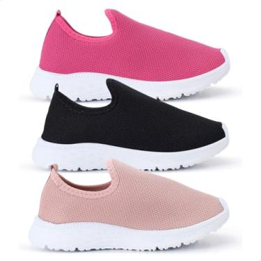 Imagem de Kit Combo 3 Tênis Infantil Feminino Calce Fácil Casual Meia (Pink/Preto/Nude, BR, Criança de 4 a 8 anos, Faixa Numérico, 20, 21)