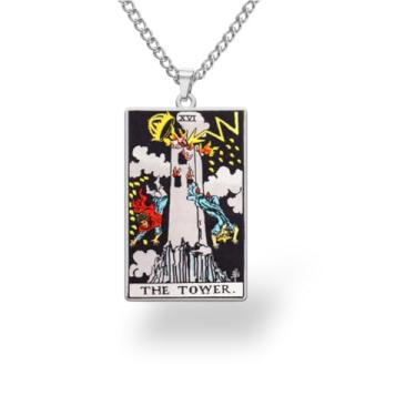 Imagem de Colar de Tarô com Cartas Coloridas Waite • Pingente dos Arcanos Maiores em Aço Inoxidável • Joia Mística para Homens Espirituais e Mulheres Bruxas (16 A Torre)