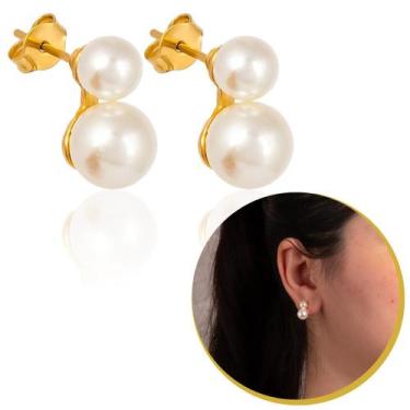 Imagem de Brinco Feminino Bolinha Pérolas Dupla Pequeno Dourado - Encanto Dourad