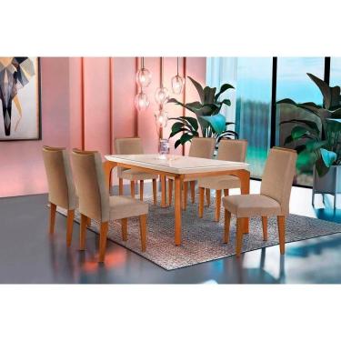 Imagem de Conjunto: Mesa de Cozinha Londrina Tampo Madeirado c/ Vidro 180x90cm e 6 Cadeiras Lunara Capuccino/Linho Bege Turim - Rufato