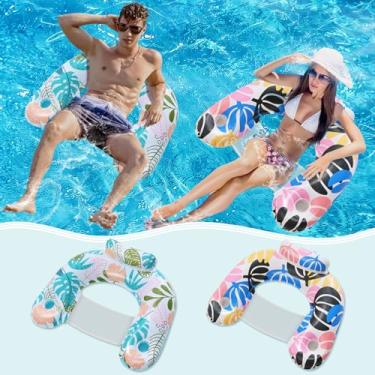 Imagem de ANNIL 【Pacote com 2】 Cadeira inflável de piscina para adultos, cadeira flutuante inflável para lazer aquático, suporte de bebida, encosto de cabeça ergonômico, boias de piscina para adultos, festa na