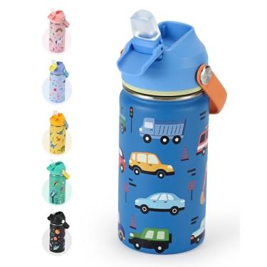 Imagem de WixByti Garrafa de água isolada de 400 ml com tampa de canudo de silicone - Garrafa de água de aço inoxidável mantém frio 24H, à prova de vazamento e design de impressão de carros | Adesivos