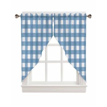 Imagem de BEMIGO Cortinas Swag para janelas, cortinas de janela de cozinha com bolso de haste xadrez azul e branco sobre a pia, cortina de janela de arte moderna, cortinas estilo swag valences, 91 cm de