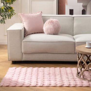 Imagem de Ashler Tapete de pele de coelho sintético para o Natal, tapete de área macio fofo rosa de 1,2 x 1,8 m, retangular lavável à máquina tapete felpudo para sala de estar, quarto, berçário - em forma de bolha 3D
