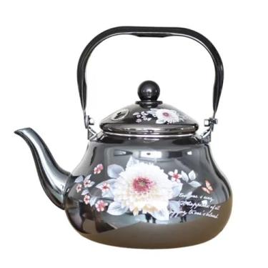 Imagem de Chaleira Esmaltada Cinza Vintage Clássica Decorativa com Estampa de Flor Rosas, 1,5 Litros, Preta, Alça Ergonômica, Alumínio e Aço Inox, Compatível com Fogão à gás elétrico