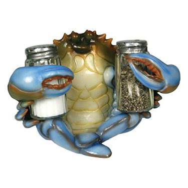 Imagem de Rivers Edge Products Saleiro e pimenteiro Rivers Edge Products Blue Crab – Suporte de resina poli e 2 dispensadores de temperos de vidro – Acessórios exclusivos para mesa de jantar – Decoração de