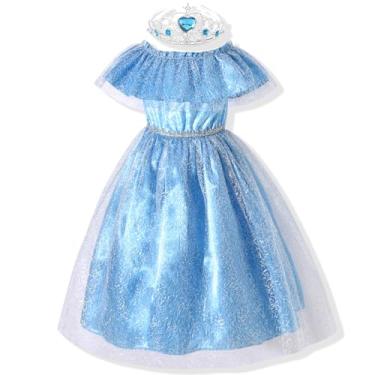 Imagem de fioukiay Vestido infantil para meninas, casamento, princesa-Maxi, vestido boho tomara que caia com babados e renda, Princesa azul, 9-10 anos