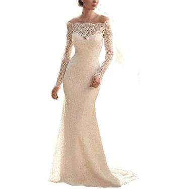 Imagem de Moda Vestido De Noite Longo Um Ombro Longo-manga Longa A-line Mertail Vestido De Noiva De Renda Formal Longo Vestido De Festa De Noite