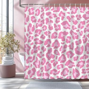 Imagem de Mocsicka Cortina de chuveiro rosa com estampa de leopardo selvagem safári poderoso gato chita cortina de chuveiro rosa estampa de leopardo impermeável cortinas de chuveiro decoração de banheira com 12
