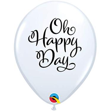 Imagem de Qualatex Balões de látex Oh Happy Day Celebration 28 cm, branco e preto, 50 CT