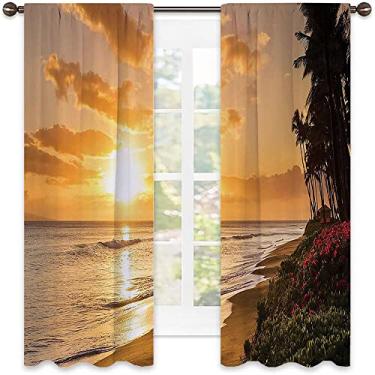 Imagem de Cortinas blackout havaianas 90%, pôr do sol tropical quente na praia do Havaí destino para viagens, para quarto, jardim de infância, sala de estar, L 132 x C 213 cm