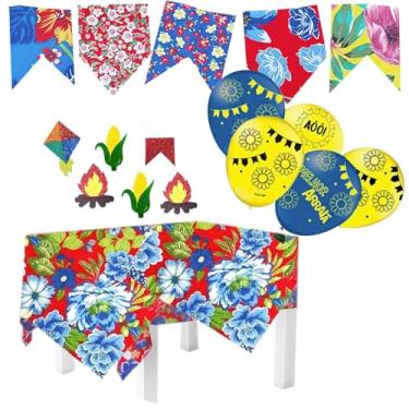 Imagem de Festa Junina Kit: 3 Toalhas Mesa Chita Floral 70x70 + Bandeirinhas Tecido 5 Metros + 6 Apliques + 5 Balões Temáticos
