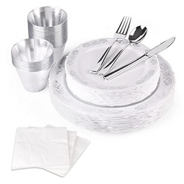 Imagem de FULING Conjunto de 175 peças de louça branco prateado para 25 talheres de plástico descartáveis para convidados, 5 conjuntos, com copos de 340 g, faca, garfo, colher, papel de jantar, cada 25 peças