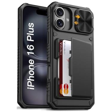 Imagem de Vihibii Capa carteira para iPhone 16 Plus com suporte para cartão (4 cartões) [bloqueio RFID] e capa de câmera deslizante, proteção contra quedas de grau militar, capa de telefone rígida robusta e