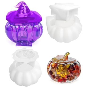 Imagem de JOINSI 2 peças de moldes de resina para potes de abóbora com tampa de bruxa, caixas de silicone de Halloween, moldes de resina epóxi para fundição de resina, joias, velas de doces, recipiente para