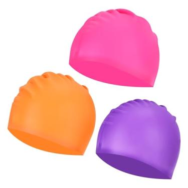 Imagem de YELARXI Touca de natação de silicone à prova d'água, confortável, antiderrapante, adequada para mulheres e homens, cabelos longos e curtos (3 peças laranja/roxo/fúcsia)