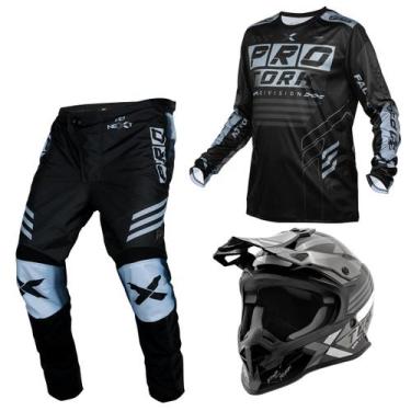 Imagem de Kit Motocross Fast Next Camisa Calça Capacete Brilhante Grafite - PRO 