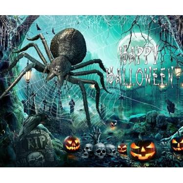 Imagem de DASHAN Pano de fundo de Halloween de 3 x 2,4 m para fotografia, cenário de terror e aranha, abóbora assustadora no cemitério, cenário de caveira crepped, faixa de Halloween, adereço para fotos