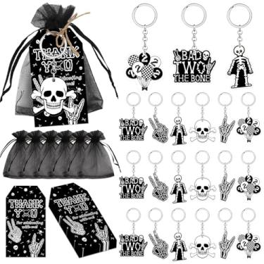 Imagem de Bad Two the Bone Kit de etiquetas e chaveiros com tema de rock preto decorações de 2º aniversário Rock N Roll chaveiros de 2º aniversário, sacos de presente, etiquetas de agradecimento, lembrancinhas