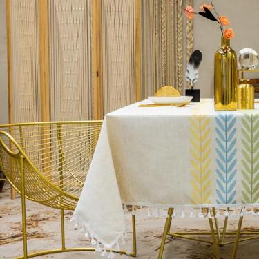 Imagem de KAIJIE Toalha de mesa retangular texturizada estilo rural toalha de mesa de algodão e linho bordado com decorações de borla para casa 100 x 160 cm