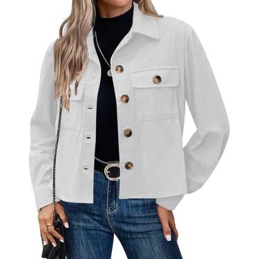 Imagem de Jaqueta De Veludo Cotelê Para Mulheres, Jaqueta Cropped De Lapela Com Botões Na Moda, Tops De Casaco Slim De Manga Longa Casual De Outono Com Bolsos, White, M