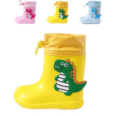 Imagem de Drecage Botas de chuva infantis impermeáveis e leves de EVA para meninas e meninos, com punho elástico no tornozelo e sola antiderrapante, Dinossauro amarelo, 22