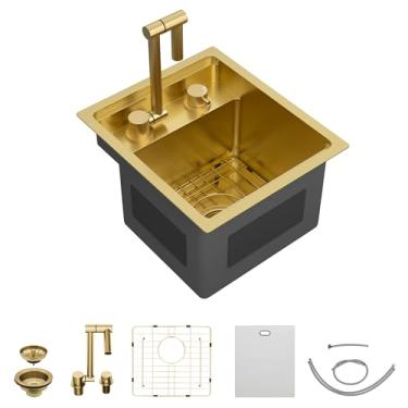 Imagem de Fulorni Pia de cozinha pequena para trailers de 33 x 38 cm – Pia de tigela única de aço inoxidável 304 de aço inoxidável escovado NANO-PVD com torneira dobrável, para trailer, campista, casa móvel