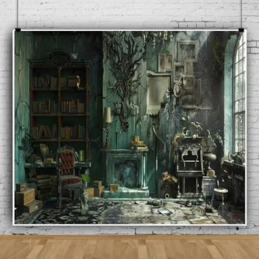 Imagem de Pano de fundo de Halloween de 3,7 x 3 m para sessão de fotos de parede desbotada, estantes de livros antigas, artefatos estranhos, casa assombrada, decoração assustadora de Halloween para escritório