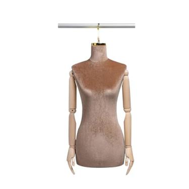 Imagem de Mannequin Manequim pendurado com torso de tecido de veludo, braço ajustável de madeira maciça, usado para vitrine de loja de roupas, exposição de loja(Brown,Golden Short Hook)