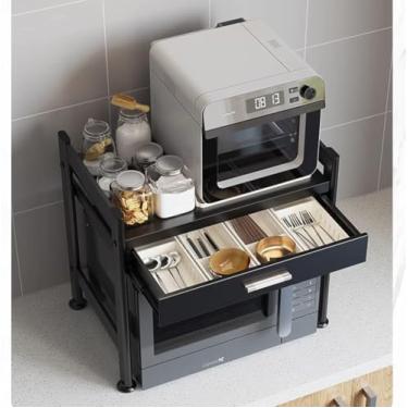 Imagem de Rack De Forno De Micro-ondas Com Gaveta De Armazenamento Extra, Suporte De Micro-ondas De 2 Andares Bancada Utensílios De Cozinha Armazenamento De Talheres, Aço Carbono Sobre Pratele, Black