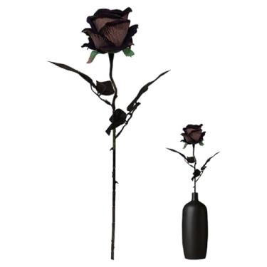 Imagem de Halloween Real Touch Rose Halloween Artificial Rose Faux Single Black com haste flor de toque real