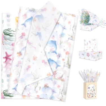 Imagem de Larcenciel Papel de seda com tema oceânico, 60 folhas de papel de embrulho de vida marinha em aquarela para sacolas de presente, caixas, artesanato, arte de golfinho de cavalo-marinho, embalagem para