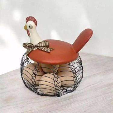 Imagem de Galinha com Cesto de Arame para Ovos Elegance Ferrugem - Decore Casa