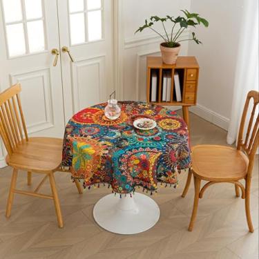 Imagem de Erbnaryx Toalha de mesa Boho para mesas redondas, bordas com franjas com padrão geométrico, toalha de mesa floral de fazenda decorativa para cozinha e sala de jantar, 178 cm (redondo)