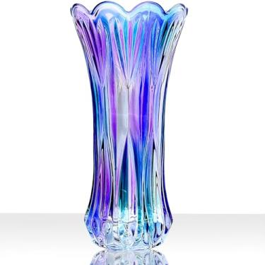 Imagem de Vaso de vidro de 29 cm - vaso de flores colorido com cilindro espesso roxo e azul-petróleo iridescente, decoração para casa, mesa de jantar, escritório, casamento, festa de férias