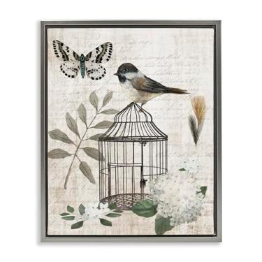Imagem de Stupell Industries Design de arte de parede em tela flutuante cinza floral de pássaro vintage Menagerie por Nan, 53 x 43 cm