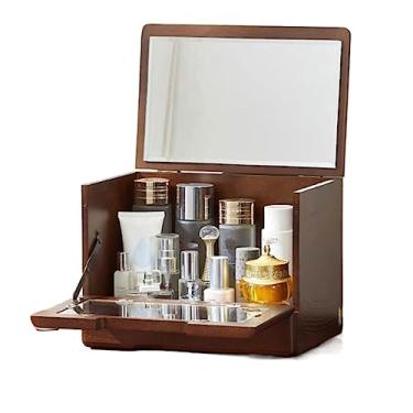 Imagem de Caixa organizadora de maquiagem de madeira, organizadores de cosméticos de grande capacidade, organizadores de maquiagem e armazenamento com espelho, organizador de maquiagem para cuidados com a pele