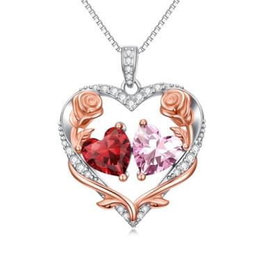 Imagem de Zoeniya Colar de coração rosa, presente para mulheres, banhado a ouro branco 18 k, pedra do mês de nascimento de 12 meses, presente de aniversário e Natal para sua esposa, namorada, 25mm, base