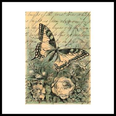 Imagem de Papel de Arroz Autoadesivo para Decoupage – 29 cm × 39 cm Vintage Borboleta e Floral Design Script Antigo – Folha de arte para artesanato DIY, decoração de casa, móveis e paredes