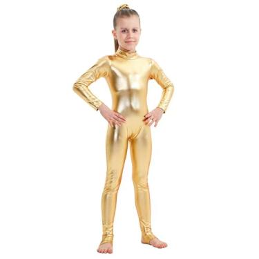 Imagem de PROMOTED TO BIG SISTER Girls Shiny Metallic Mock Neck Unitard Long Sleeve One Piece Bodysuit Costume Dance (9-10 Years Gold)