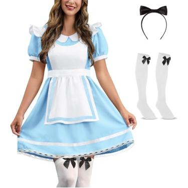 Imagem de ALIREVERIE Vestido feminino de princesa azul e branco, ajuste confortável, avental removível e bainha de renda para festas à fantasia, G