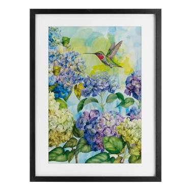 Imagem de Stupell Industries Hortênsias de primavera com beija-flor preto impressão emoldurada sob vidro design por Tim Coffey, 20 x 14