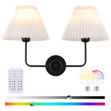 Imagem de Rnzziw Arandelas de parede sem fio operadas por bateria de luz dupla com abajur de tecido plissado branco, arandela de latão antigo de 2 luzes para banheiro, vaidade, corredor, escada, sala de estar
